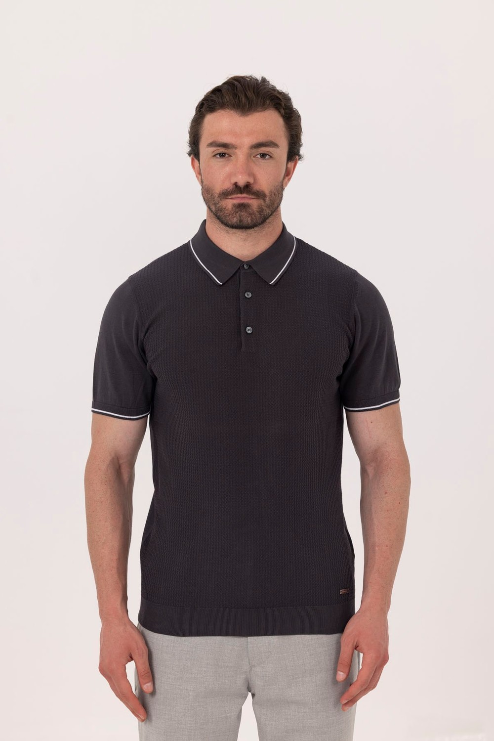 Antrasit Slim Fit %100 Pamuk Jakarlı Polo Yaka Triko T-shirt