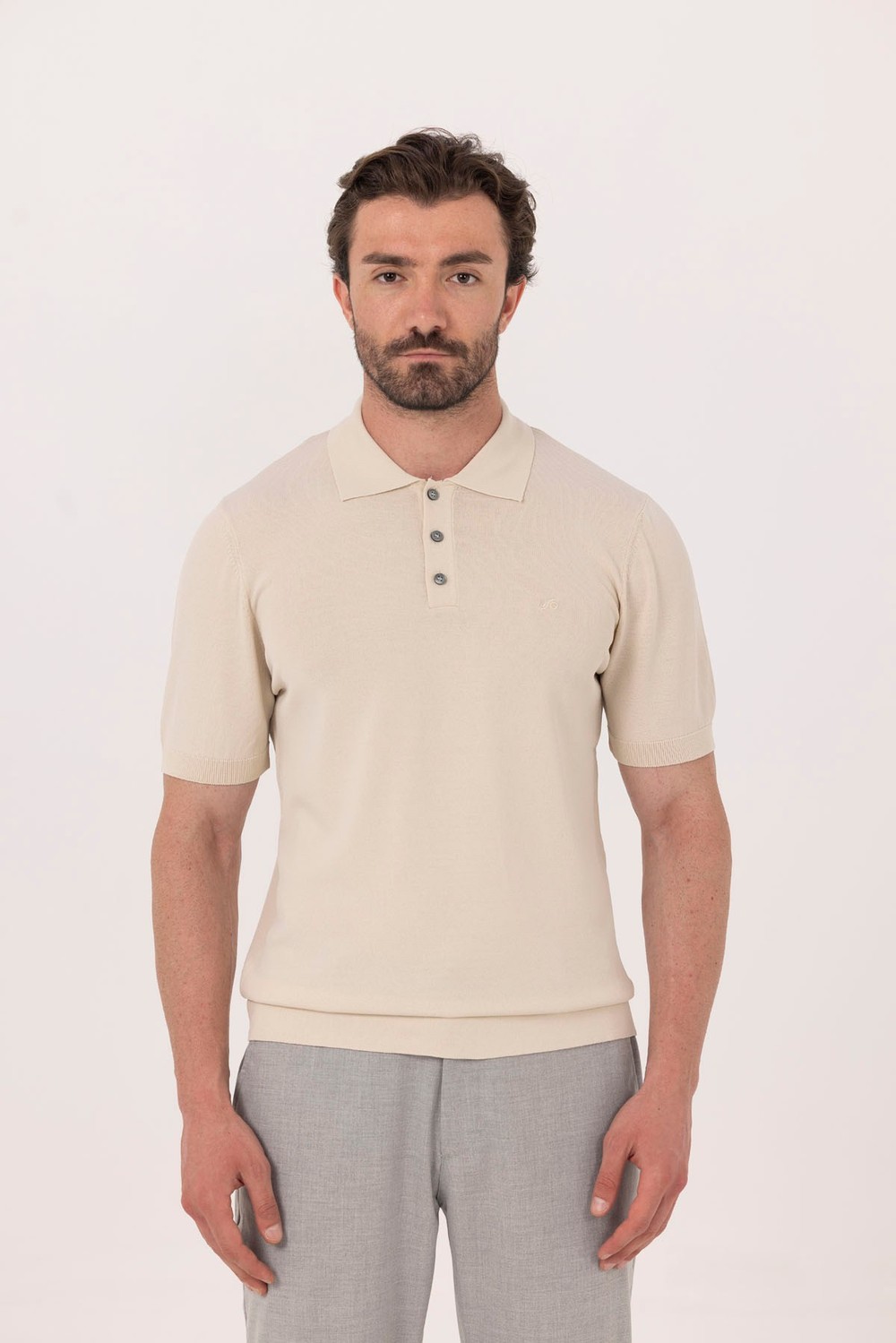 Bej Regular Fit Göğüs Nakış Detaylı Polo Yaka Triko T-shirt