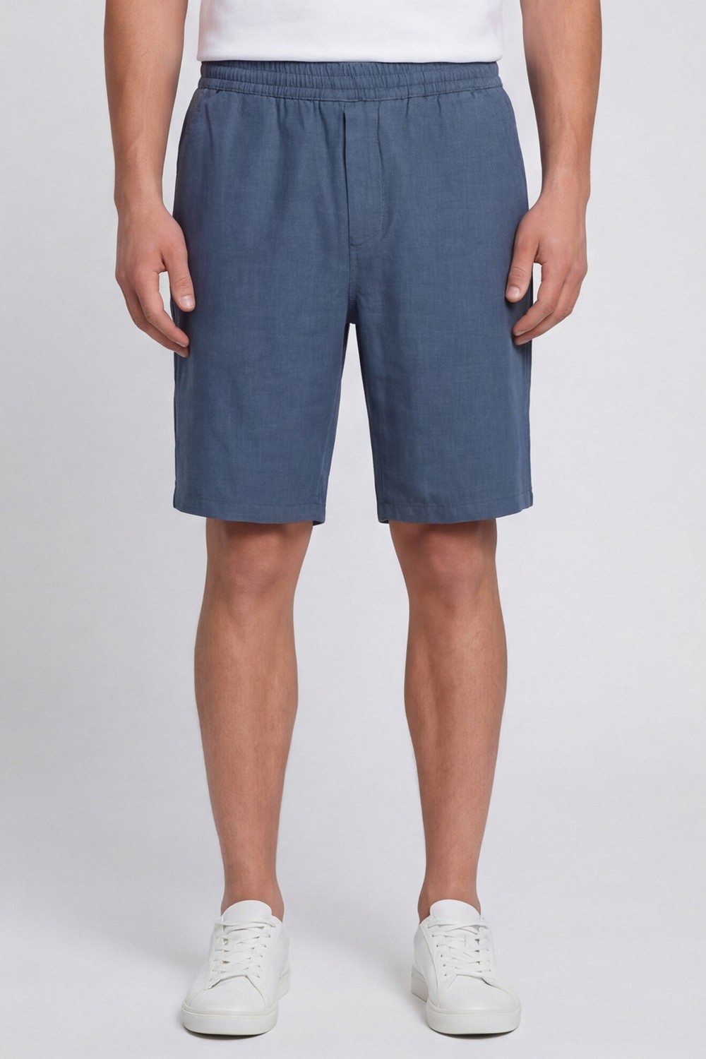Lacivert %100 Keten Regular Fit Beli Lastikli Bermuda Şort