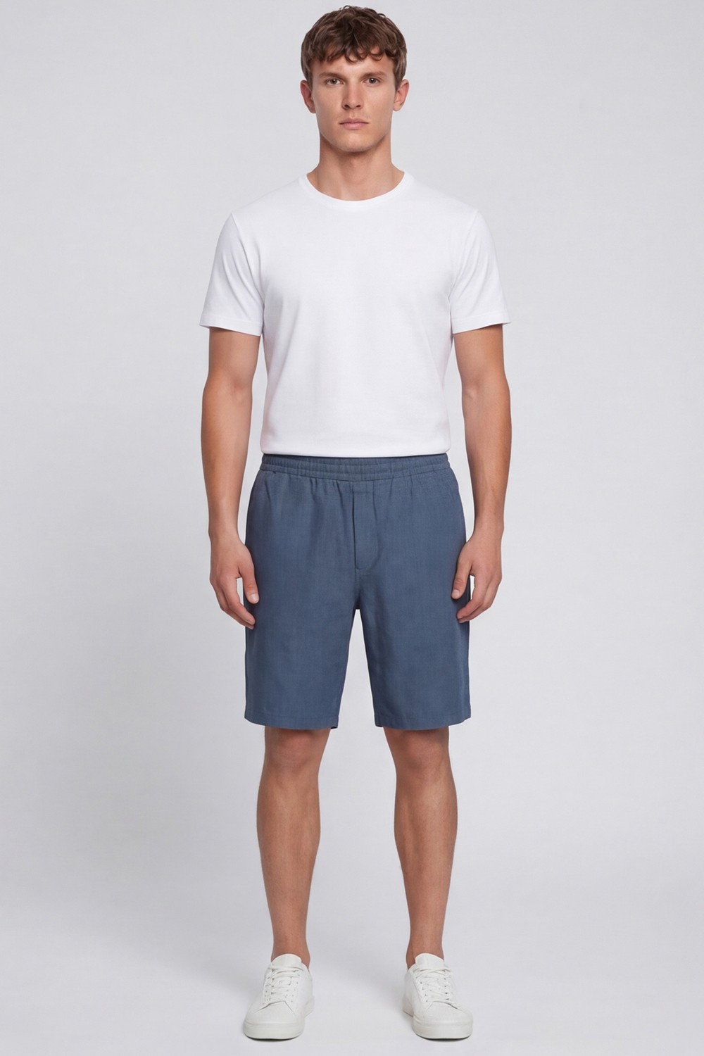 Lacivert %100 Keten Regular Fit Beli Lastikli Bermuda Şort