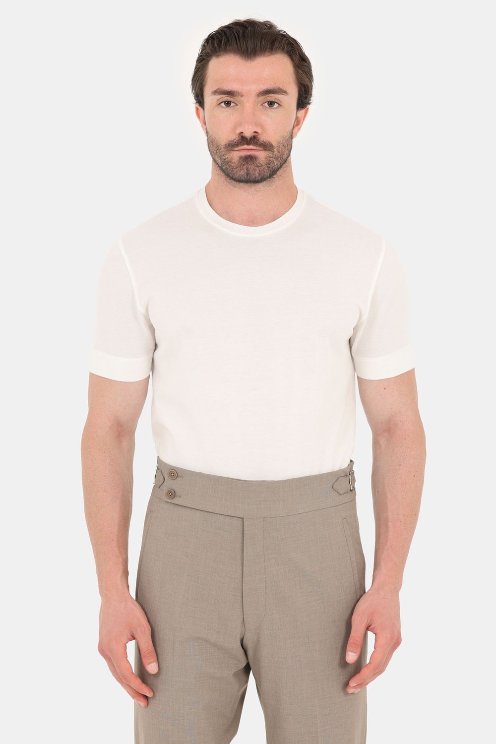 Ekru %100 Pamuk Regular Fit Dokuma Bisiklet Yaka Basic T-Shirt