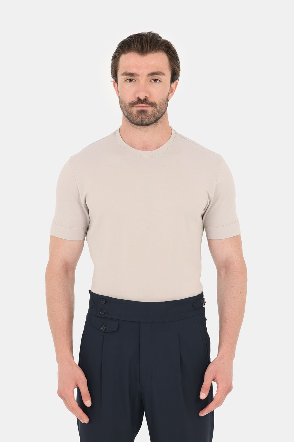 Krem %100 Pamuk Regular Fit Dokuma Bisiklet Yaka Basic T-Shirt