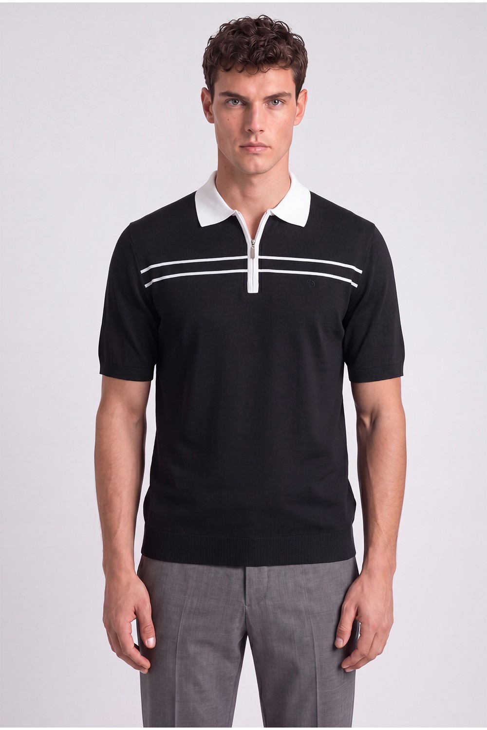 Siyah Regular Fit Örme Fermuarlı Polo Yaka Triko T-shirt