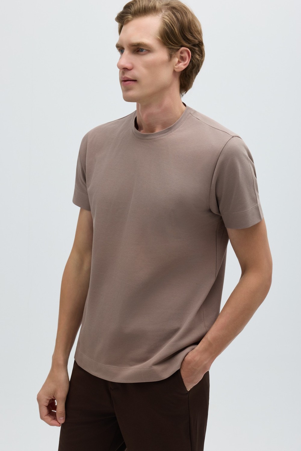 Erkek Taba Normal Kesim Regular Fit %100 Pamuk Dokuma Bisiklet Yaka Basic T-Shirt