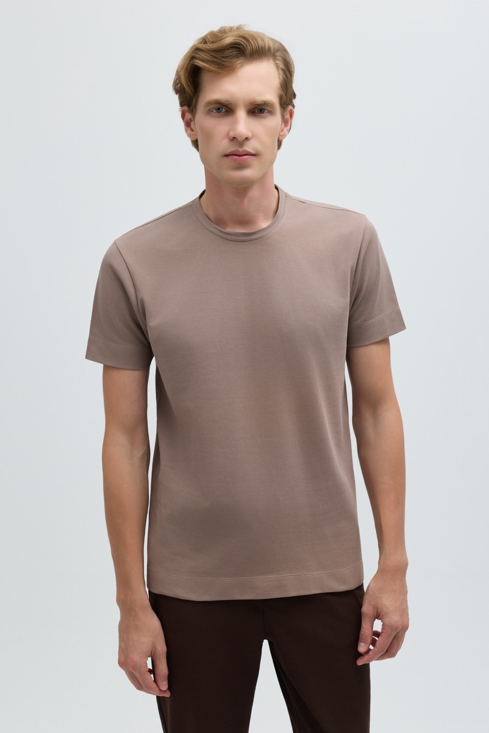 Erkek Taba Normal Kesim Regular Fit %100 Pamuk Dokuma Bisiklet Yaka Basic T-Shirt