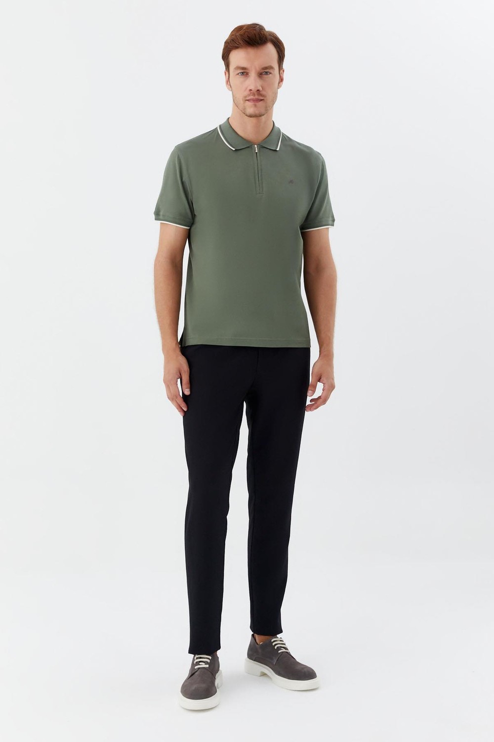 Yeşil Regular Fit %100 Pamuk Fermuarlı Polo Yaka T-shirt
