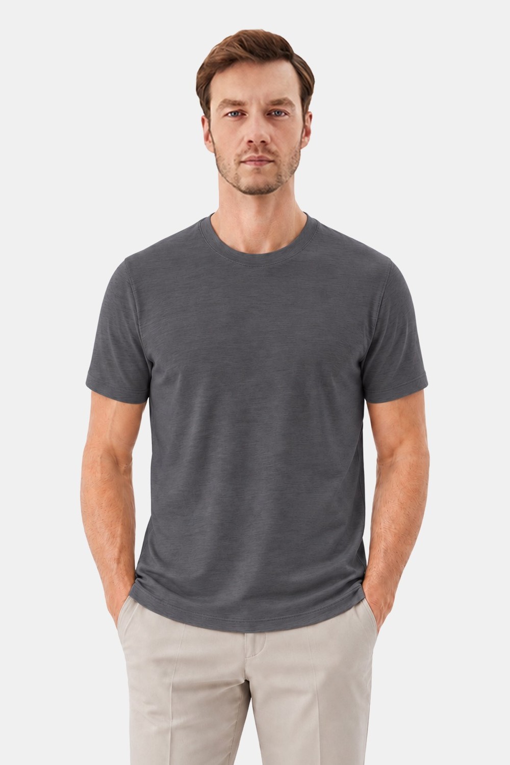 Füme %100 Pamuk Bisiklet Yaka Düz Renk Basic T-Shirt
