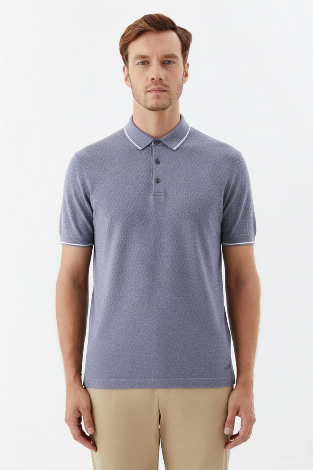 Gri Slim Fit %100 Pamuk Jakarlı Polo Yaka Triko T-shirt