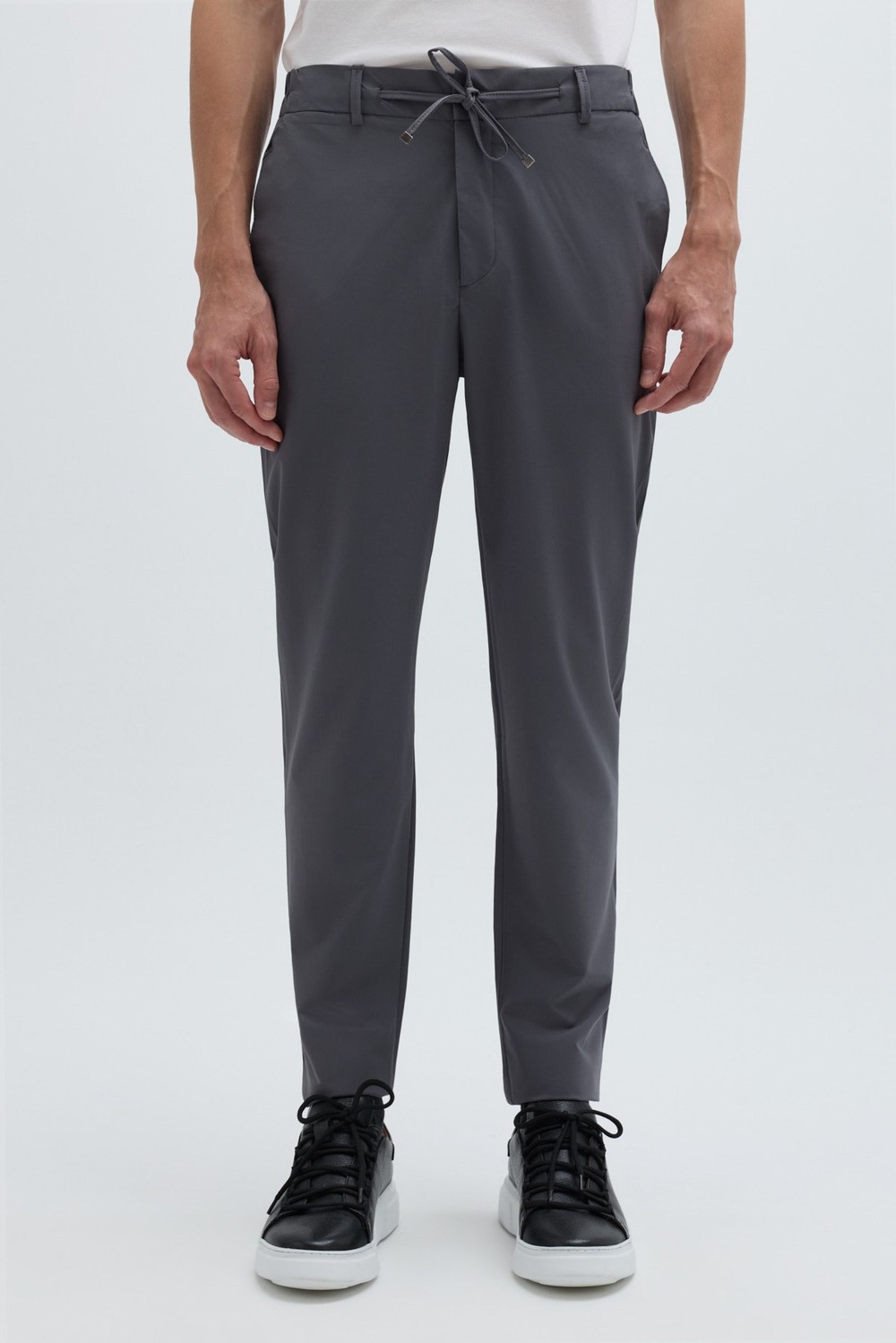 Gri Slim Fit Bel Bağcıklı Paraşüt Pantolon