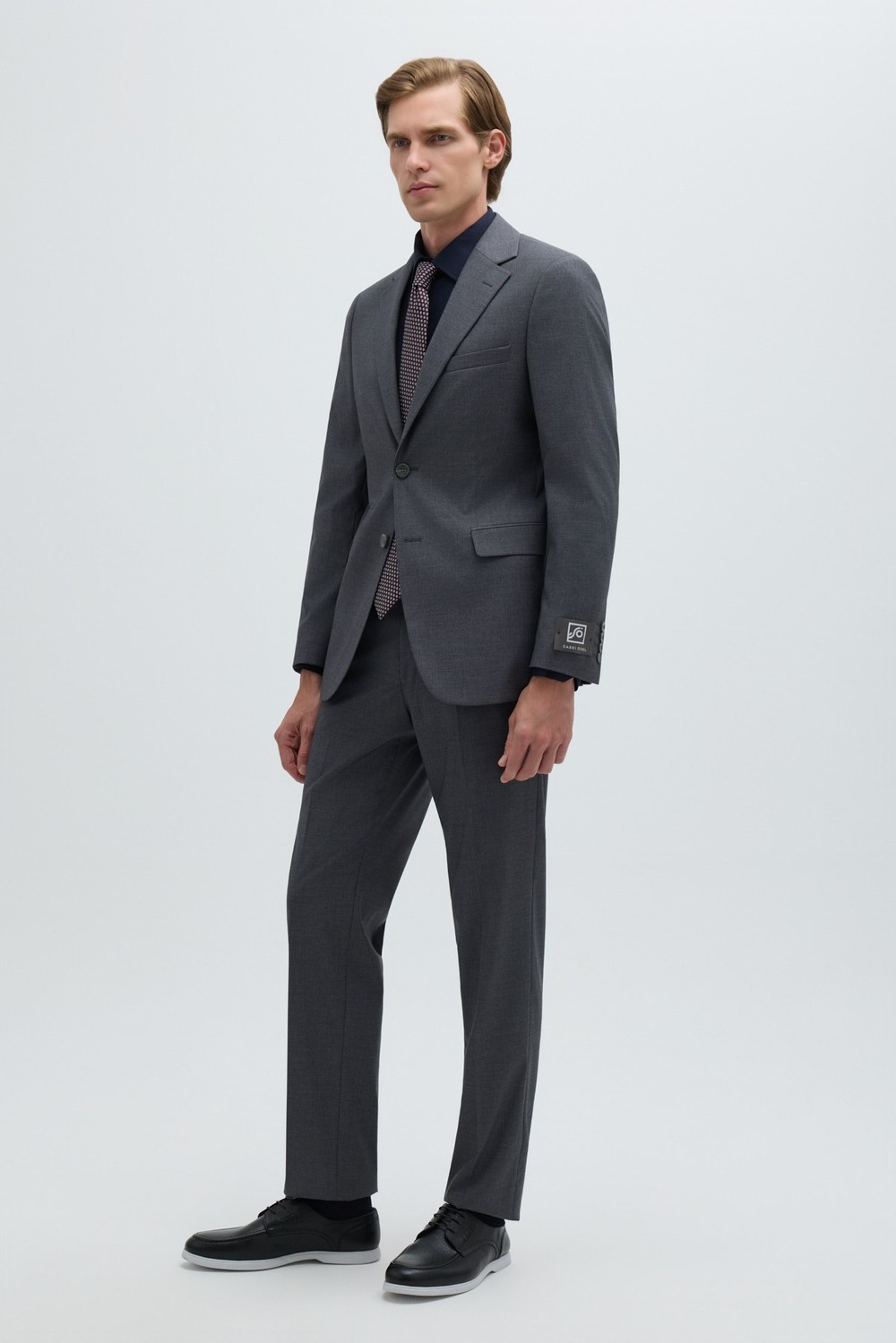 Gri Slim Fit Düz Paça 6 Drop Mono Yaka Klasik Takım Elbise
