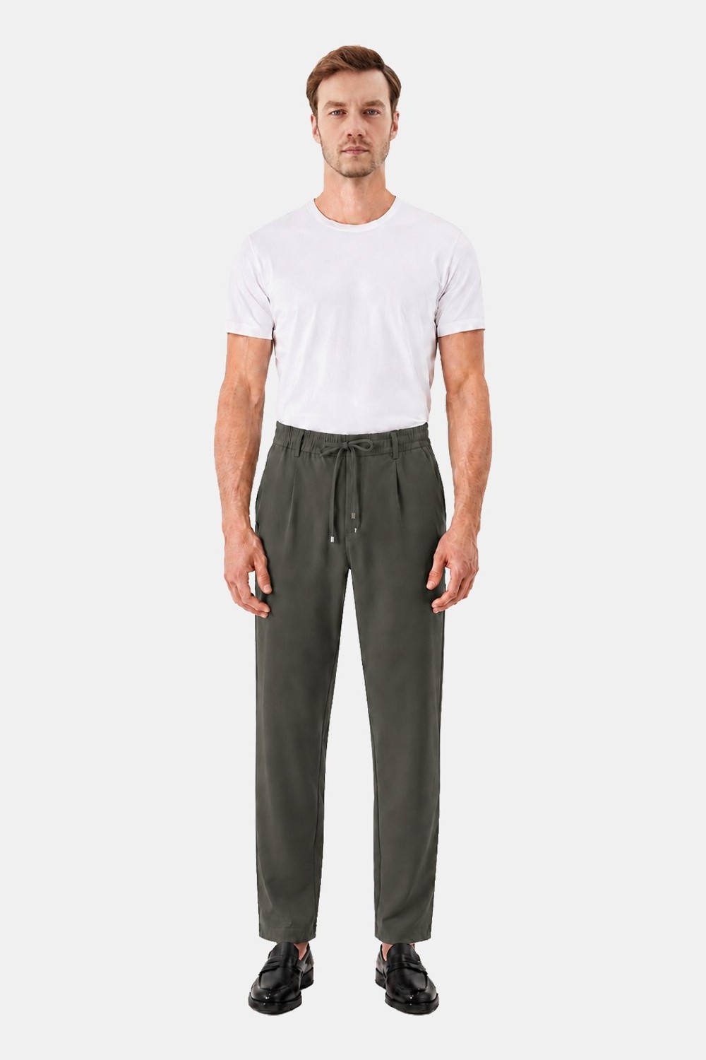 Haki Dokulu Arka Lastikli Köprü Kemerli Bağcıklı Slim Fit Jogger Pantolon