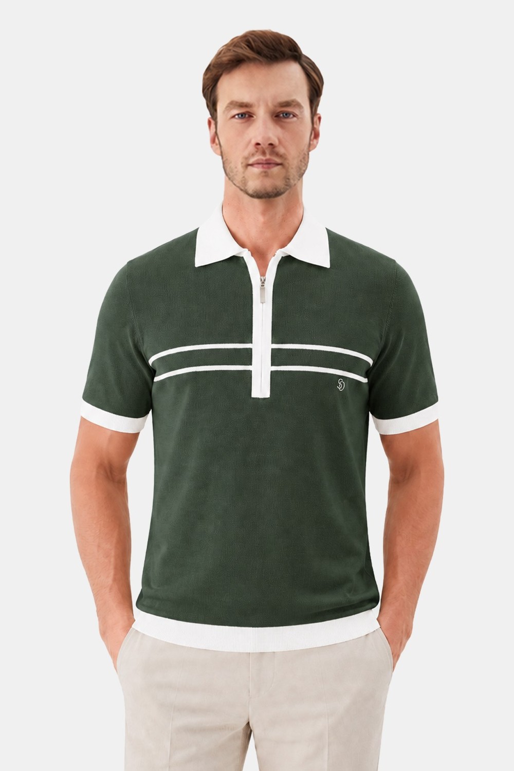 Haki Regular Fit Örme Fermuarlı Polo Yaka Triko T-shirt - Sabri Özel