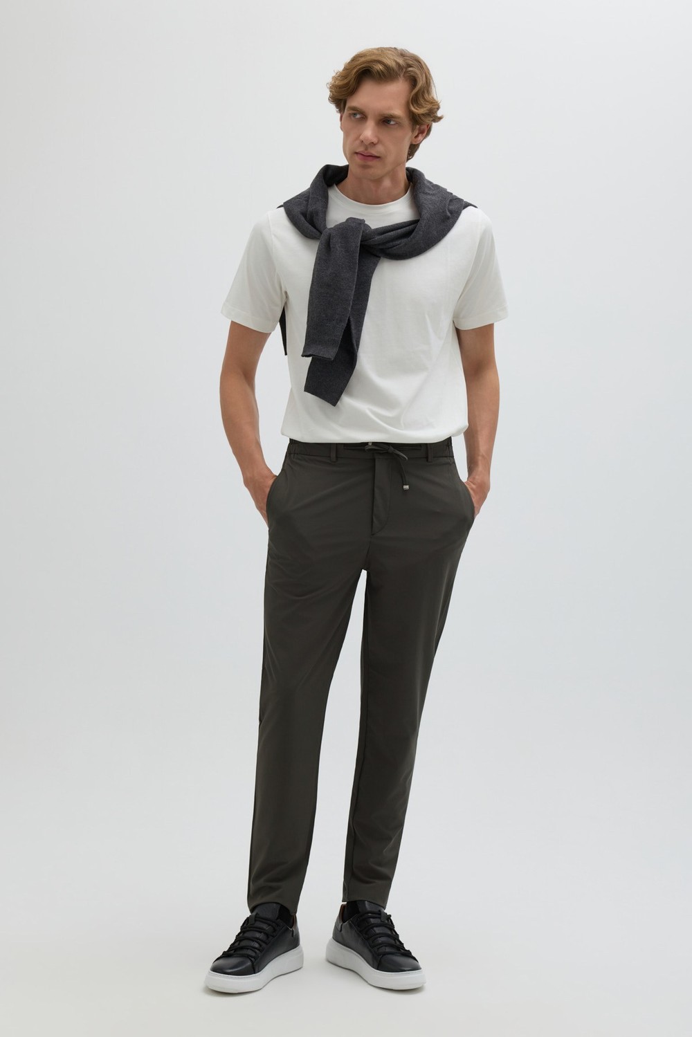 Haki Slim Fit Bel Bağcıklı Paraşüt Pantolon