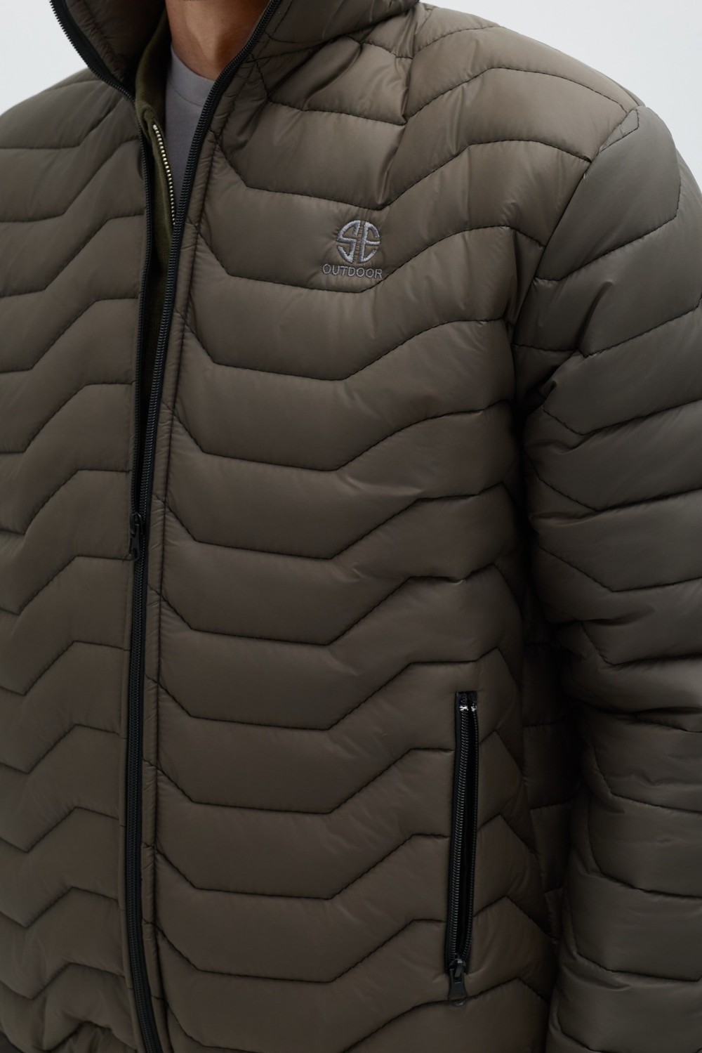 Haki Slim Fit Fermuarlı Dik Yaka Kapüşonsuz Mont