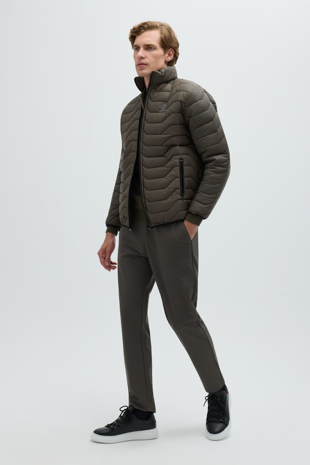 Haki Slim Fit Fermuarlı Dik Yaka Kapüşonsuz Mont
