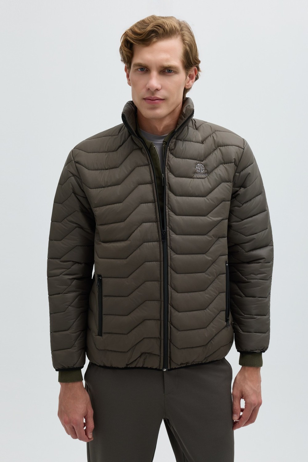 Haki Slim Fit Fermuarlı Dik Yaka Kapüşonsuz Mont