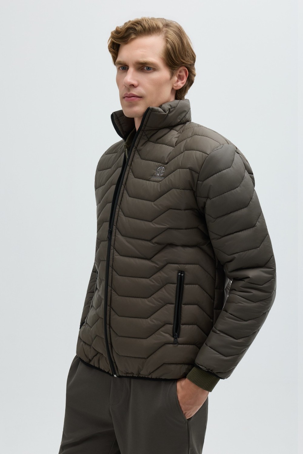 Haki Slim Fit Fermuarlı Dik Yaka Kapüşonsuz Mont