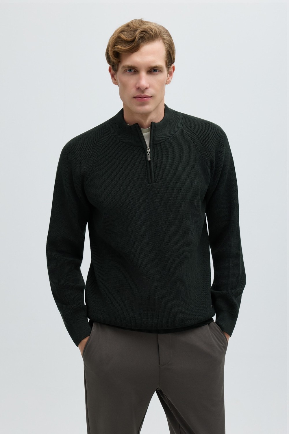 Haki Slim Fit Fermuarlı Yarım Balıkçı Yaka Triko Kazak