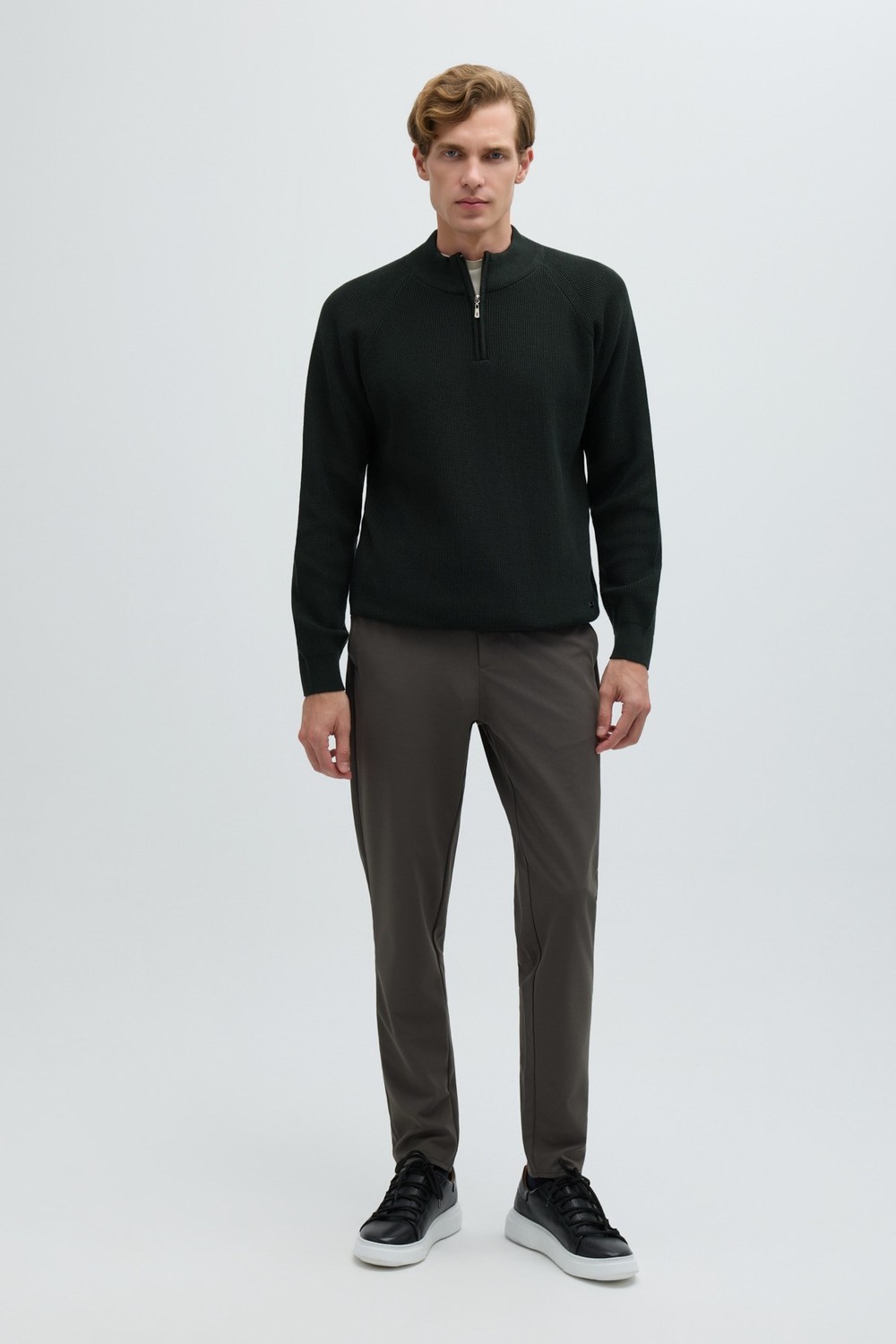 Haki Slim Fit Fermuarlı Yarım Balıkçı Yaka Triko Kazak