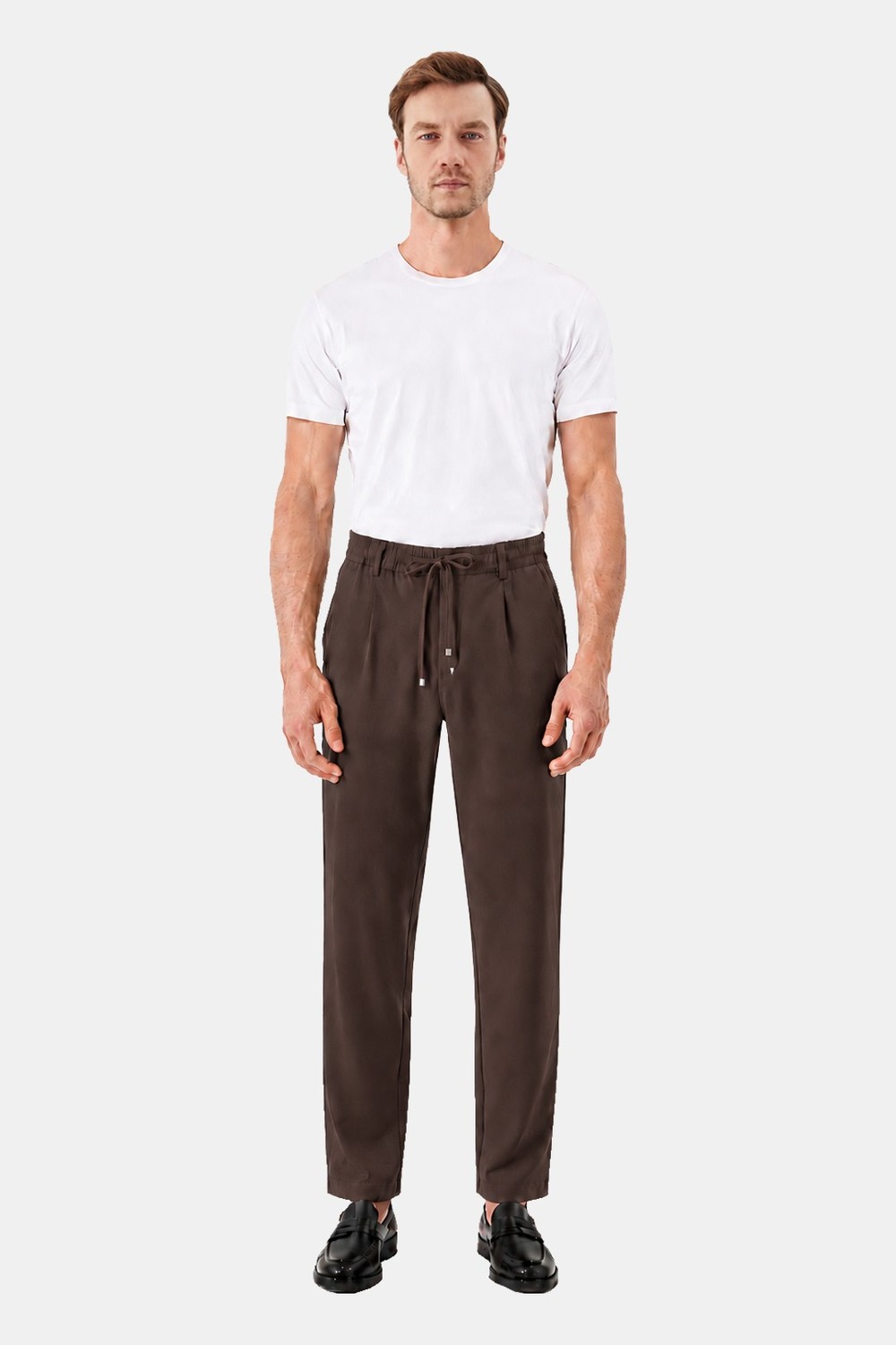 Kahve Dokulu Arka Lastikli Köprü Kemerli Bağcıklı Slim Fit Jogger Pantolon
