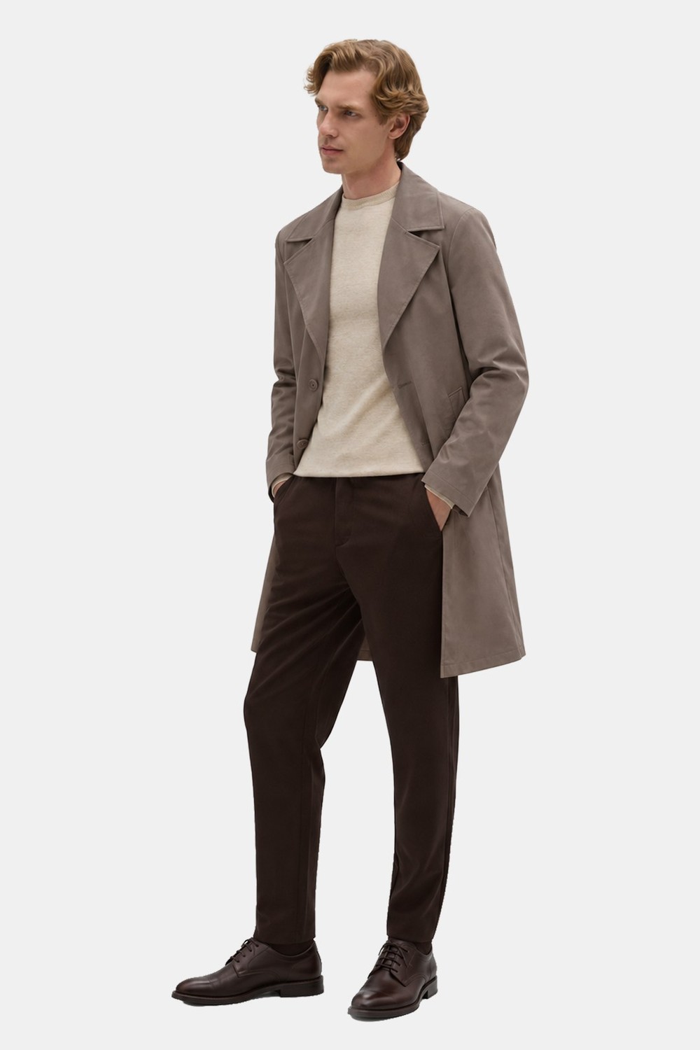 Kahve Oversize Pamuklu Yan Cepli Mono Yaka Trençkot
