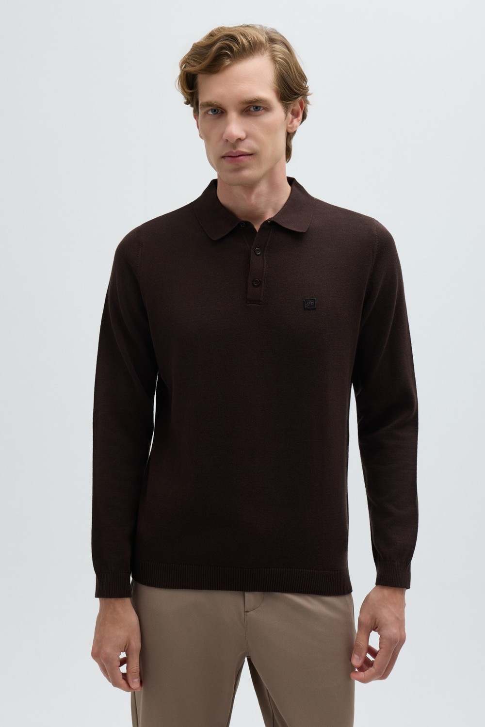 Kahve Regular Fit Pamuklu Polo Yaka Triko Kazak