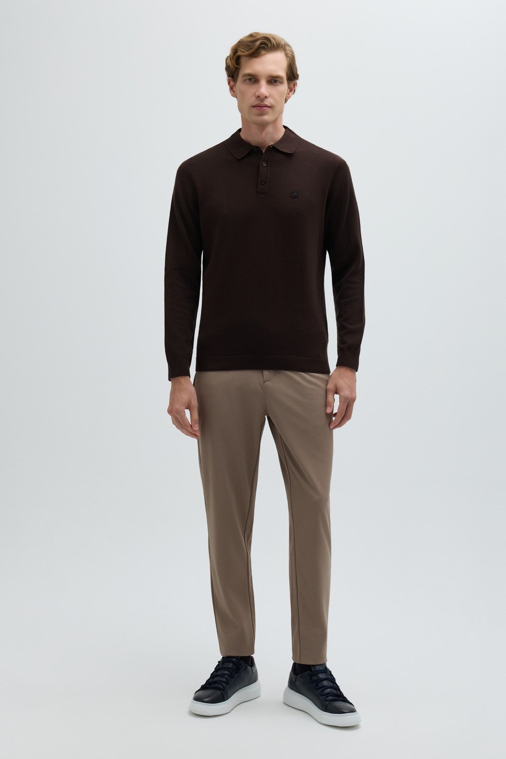 Kahve Regular Fit Pamuklu Polo Yaka Triko Kazak