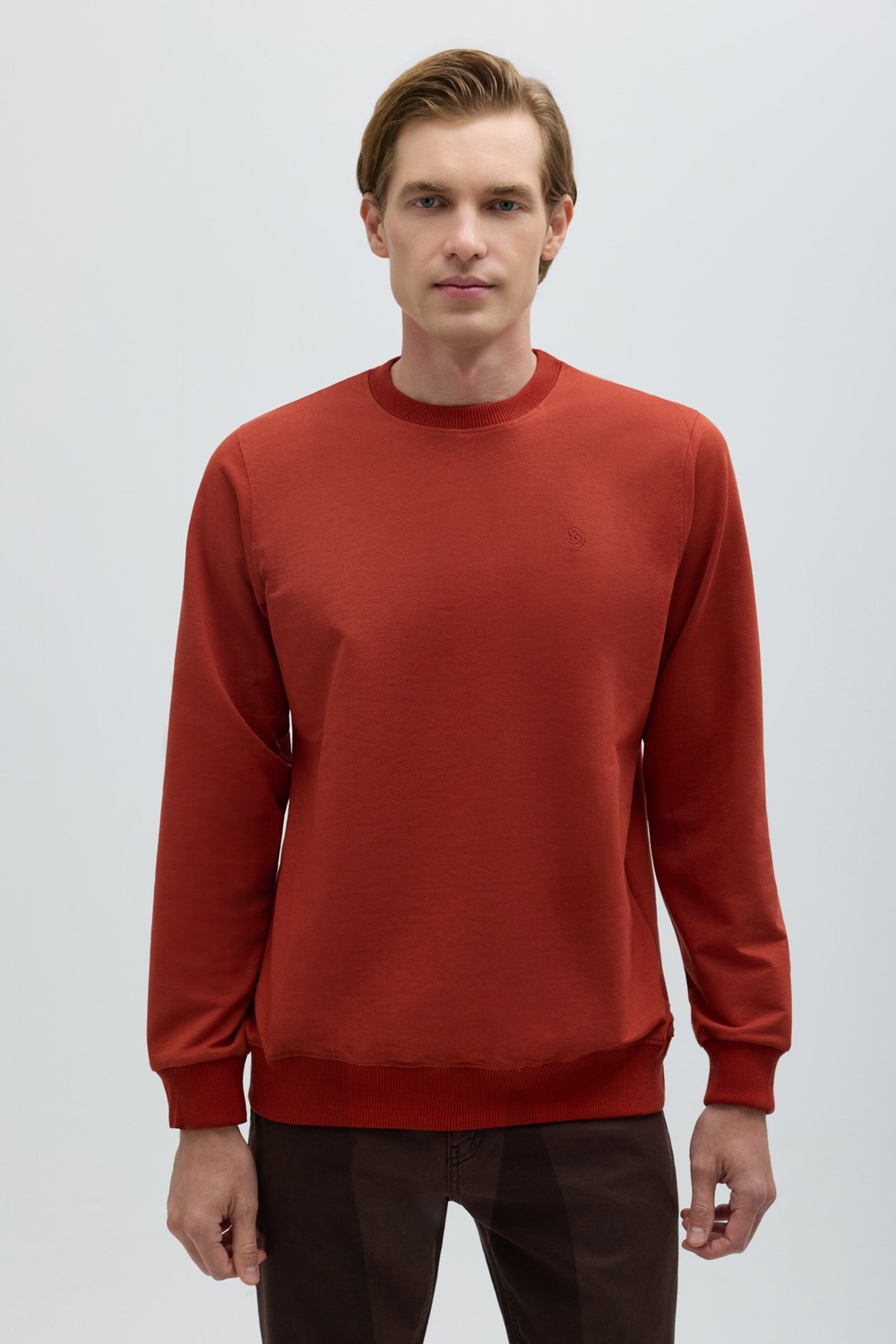 Kiremit Bisiklet Yaka Basic Erkek Sweatshirt