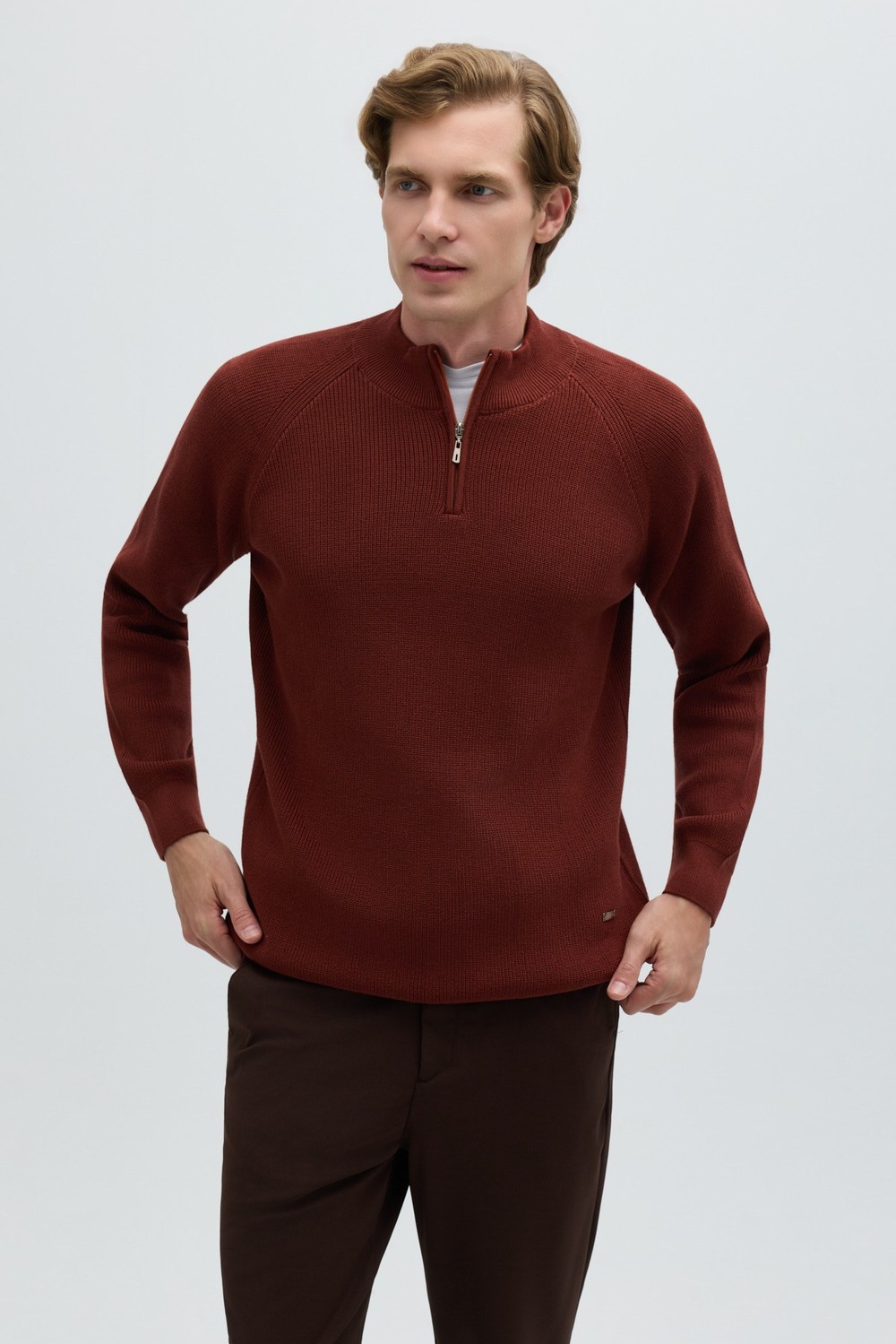 Kiremit Slim Fit Fermuarlı Yarım Balıkçı Yaka Triko Kazak