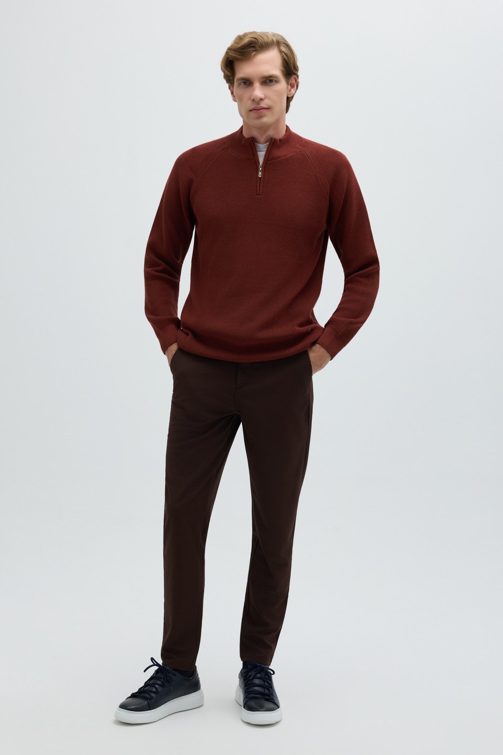 Kiremit Slim Fit Fermuarlı Yarım Balıkçı Yaka Triko Kazak