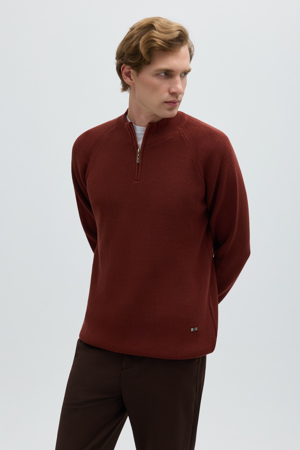 Kiremit Slim Fit Fermuarlı Yarım Balıkçı Yaka Triko Kazak