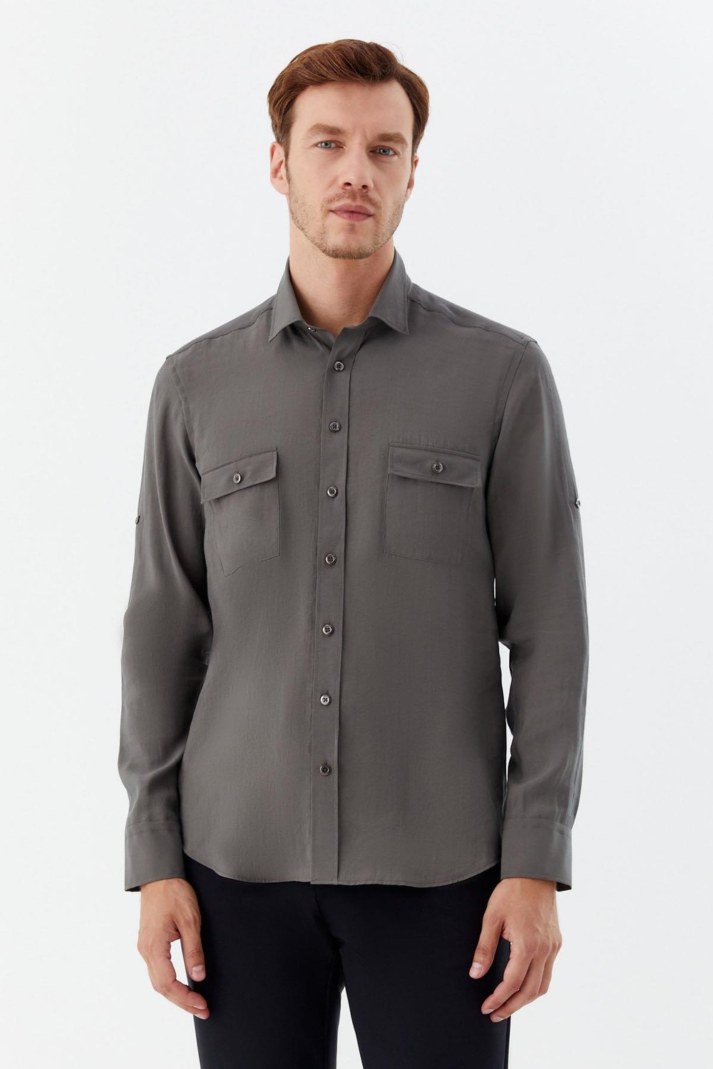 Haki %100 Pamuk Klasik Yaka Cepli Slim Fit Gömlek