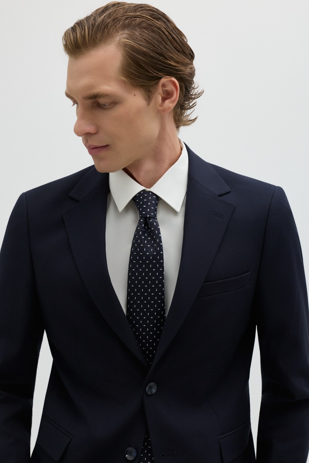 Koyu Lacivert Slim Fit Düz Paça 6 Drop Mono Yaka Klasik Takım Elbise
