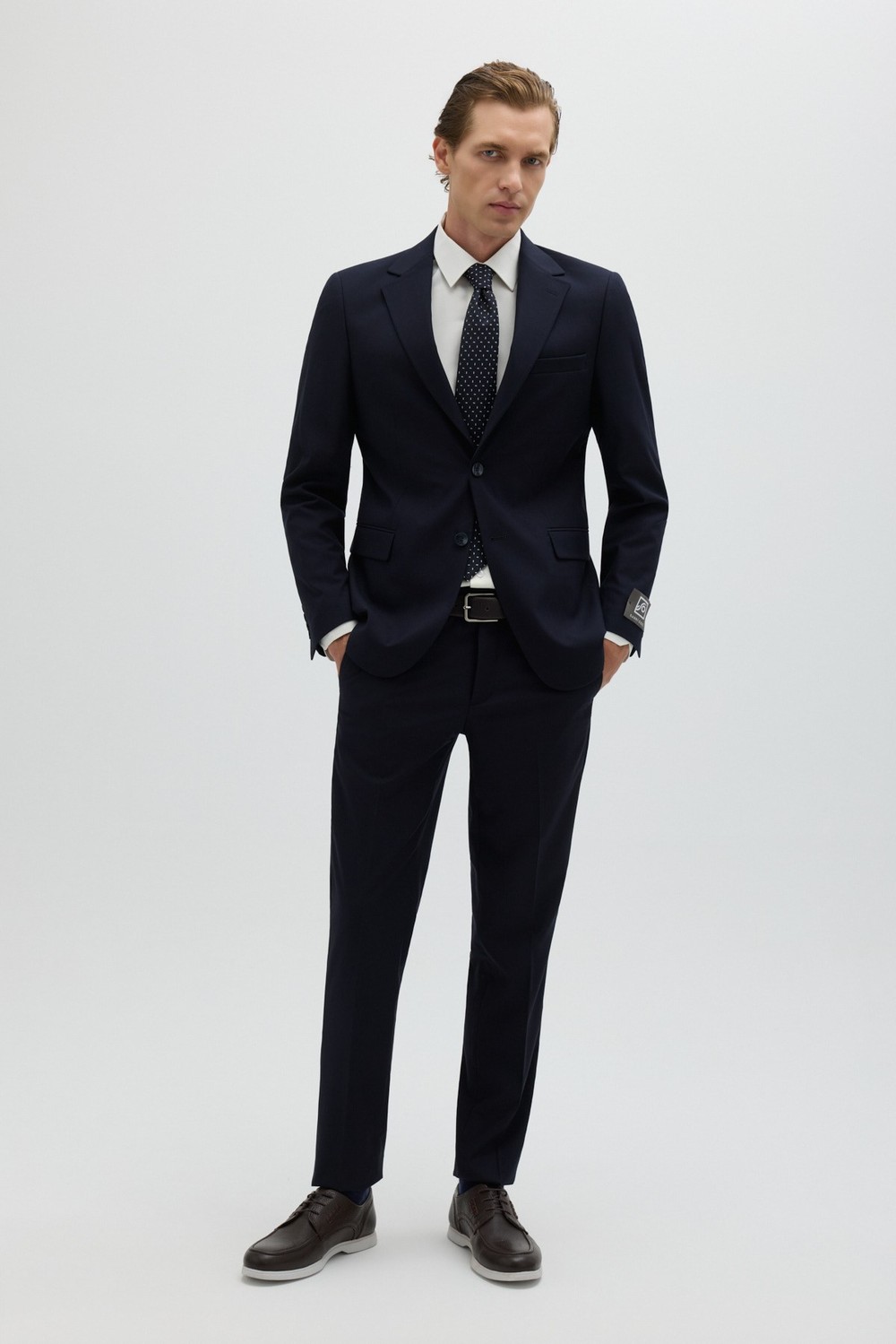 Koyu Lacivert Slim Fit Düz Paça 6 Drop Mono Yaka Klasik Takım Elbise
