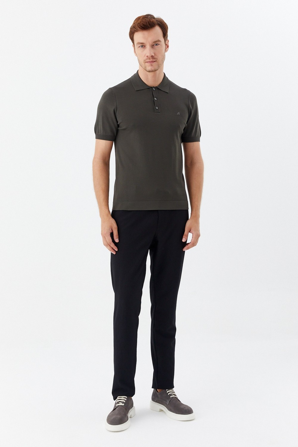 Koyu Yeşil Regular Fit Göğüs Nakış Detaylı Polo Yaka Triko T-shirt