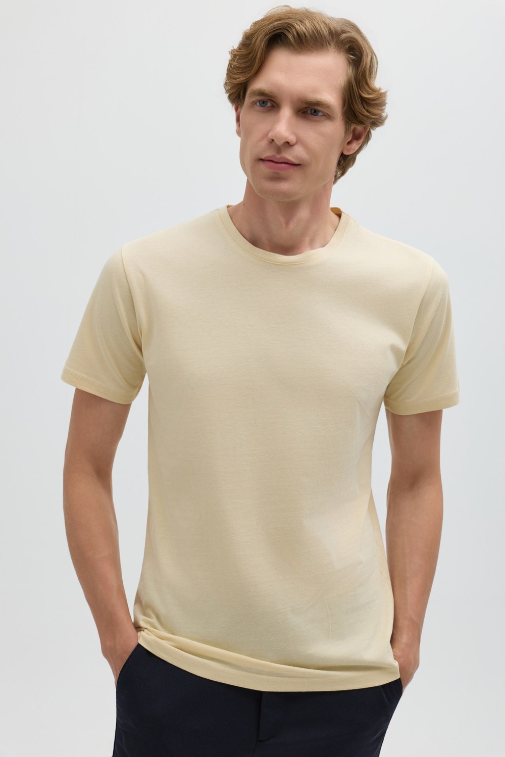 Krem %100 Pamuk Bisiklet Yaka Düz Renk Basic T-Shirt