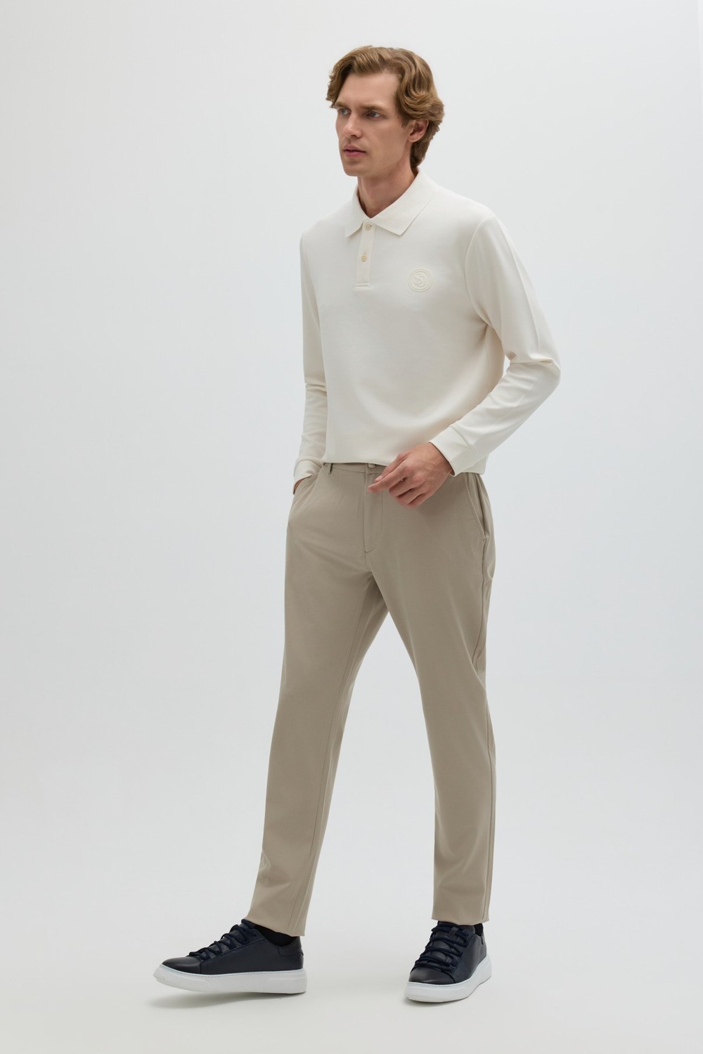 Krem Regular Fit Polo Yaka Erkek Sweatshirt