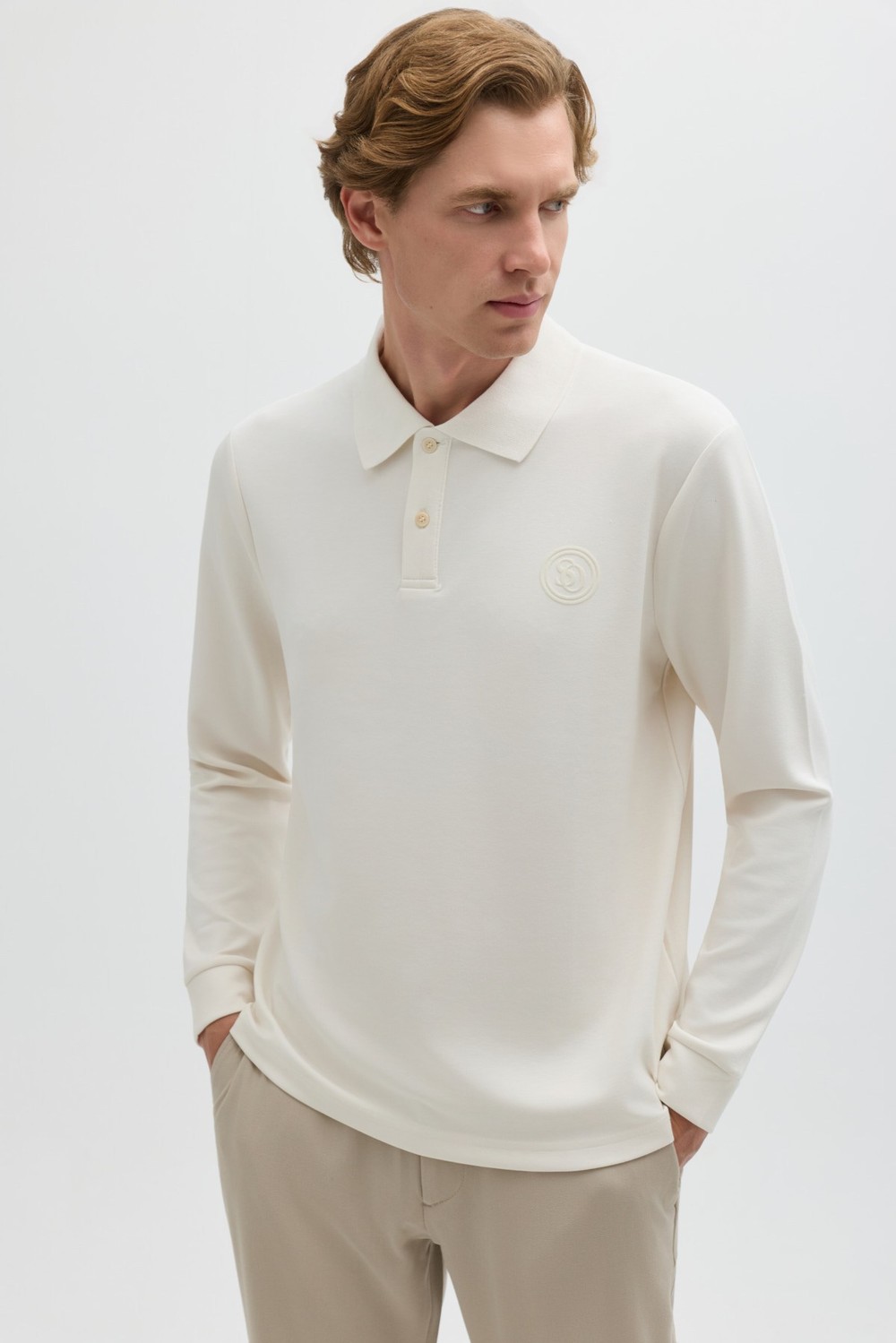 Krem Regular Fit Polo Yaka Erkek Sweatshirt