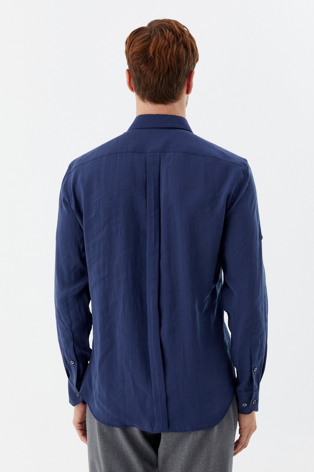 Lacivert %100 Pamuk Klasik Yaka Cepli Slim Fit Gömlek
