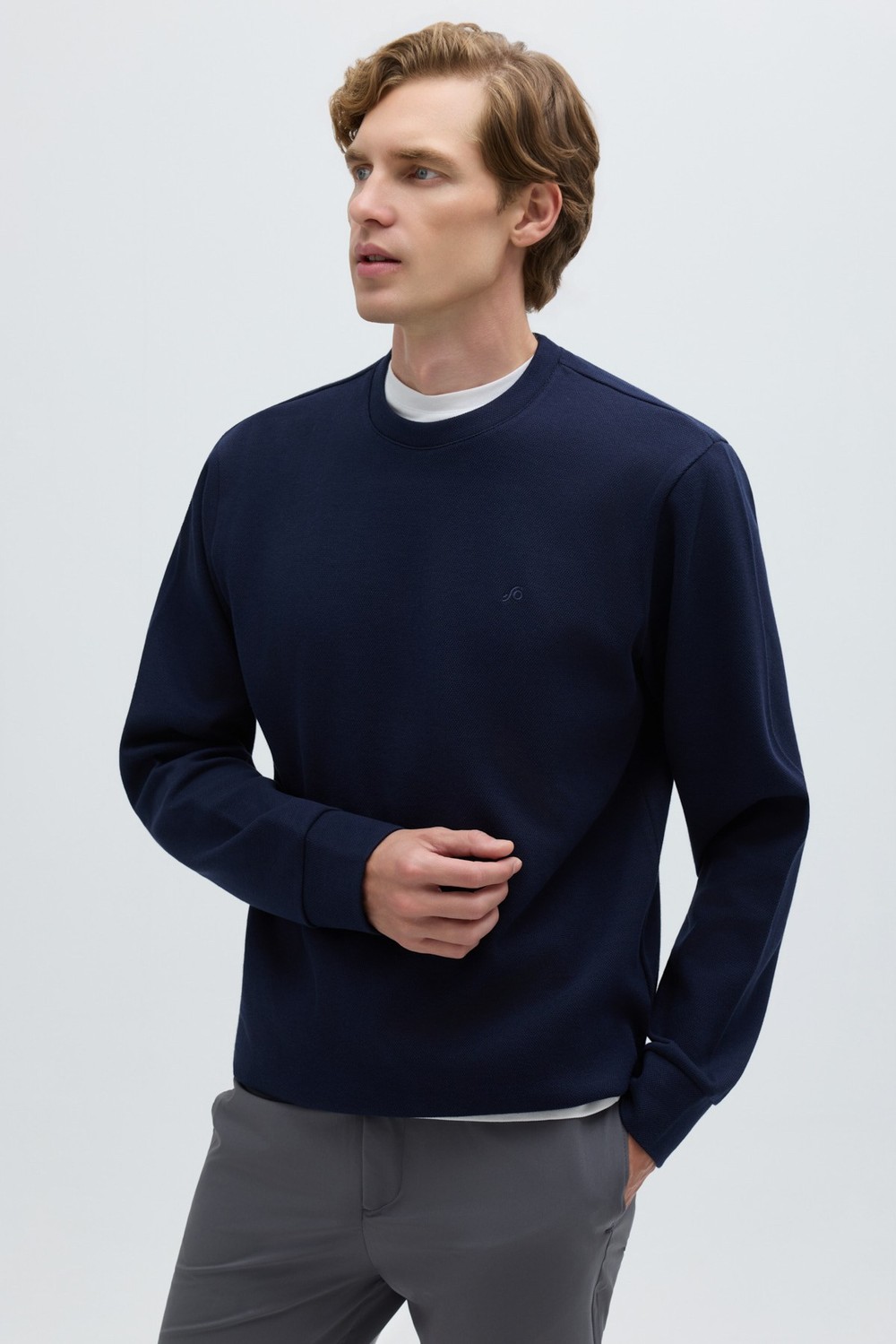 Lacivert Bisiklet Yaka Pamuklu Erkek Sweatshirt