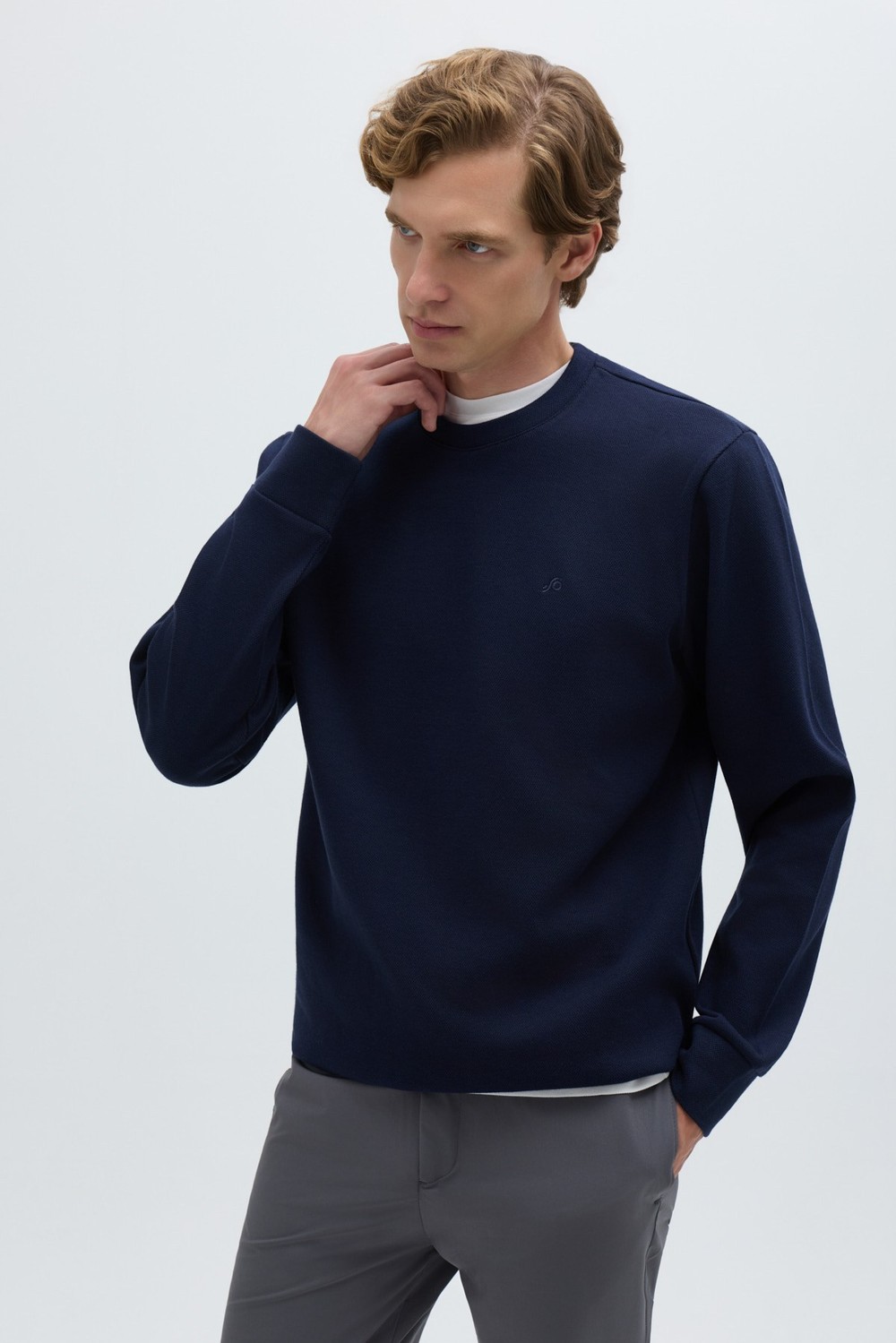 Lacivert Bisiklet Yaka Pamuklu Erkek Sweatshirt