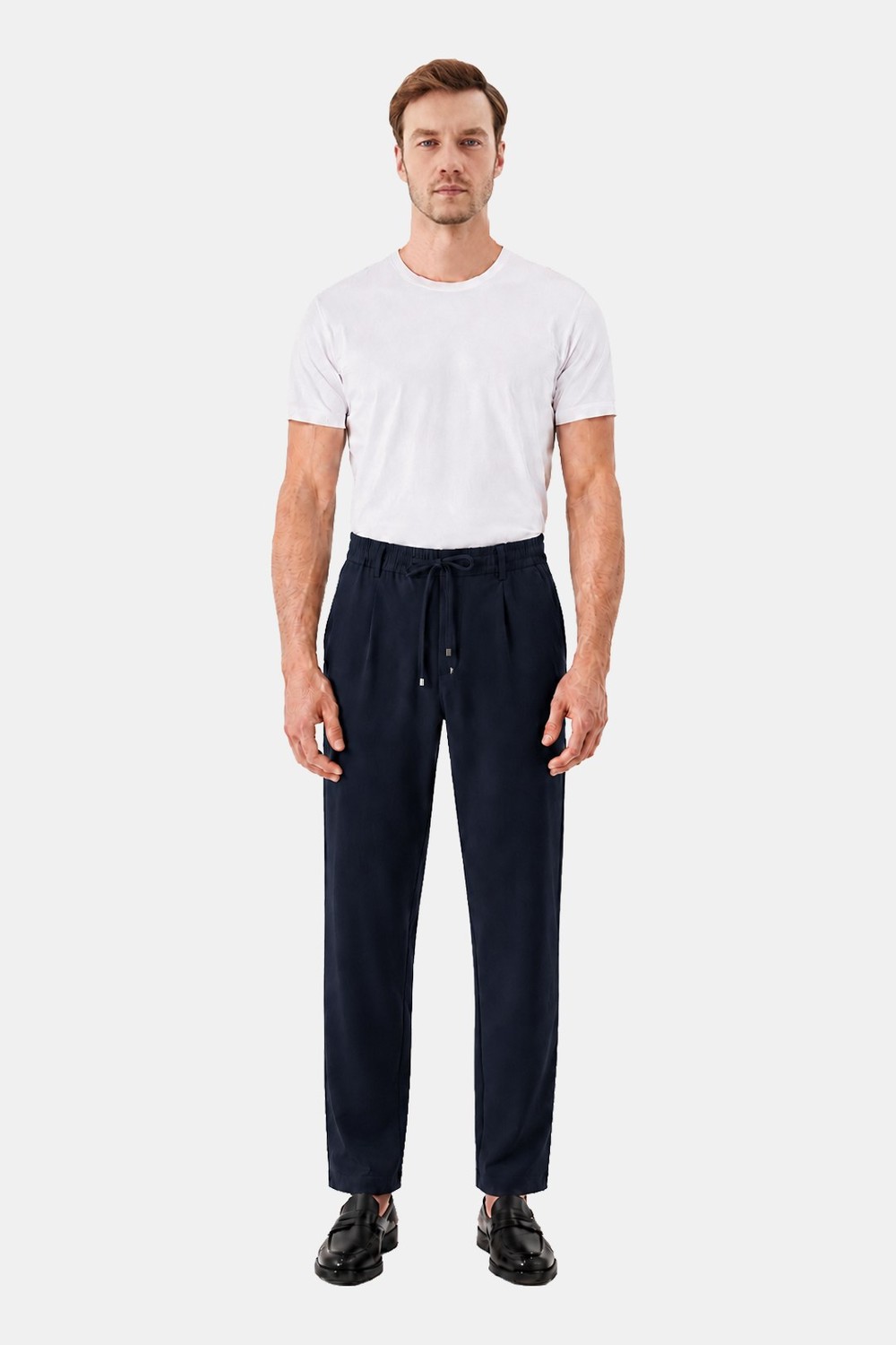 Lacivert Dokulu Arka Lastikli Köprü Kemerli Bağcıklı Slim Fit Jogger Pantolon