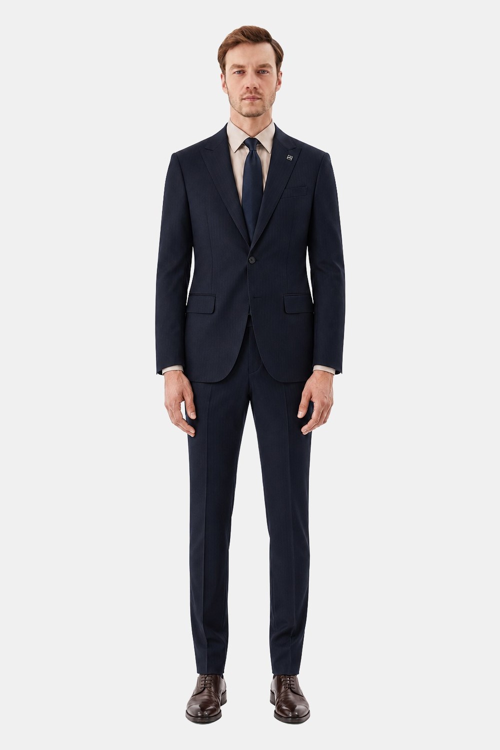 Lacivert Yün Karışımlı Çizgili Sivri Yaka Klasik Paça Tam Astarlı 6 Drop Slim Fit Takım Elbise
