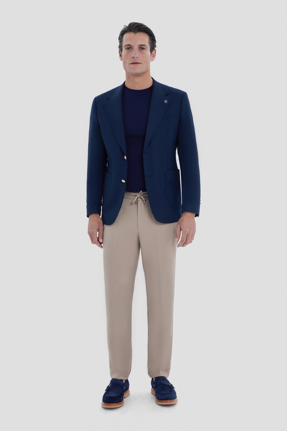 Erkek Lacivert Dar Kesim Slim Fit Viskon Çift Yırtmaçlı Torba Cep Tam Astarlı Mono Yaka 6 Drop Casual Ceket