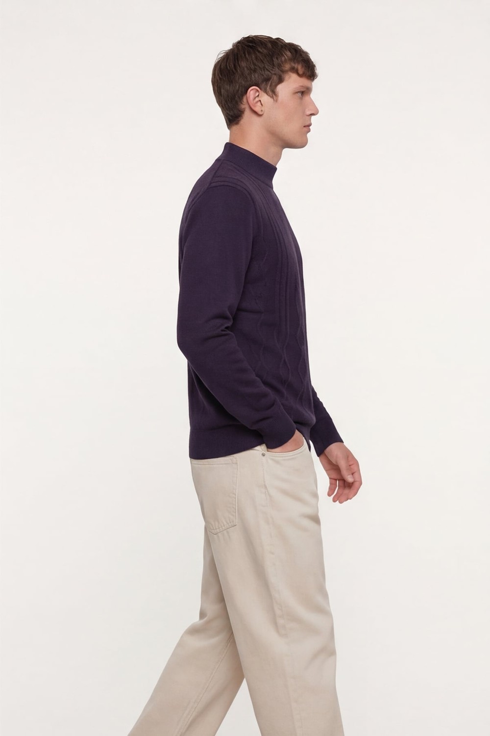 Mor Slim Fit Yarım Balıkçı Yaka Yünlü Triko Kazak