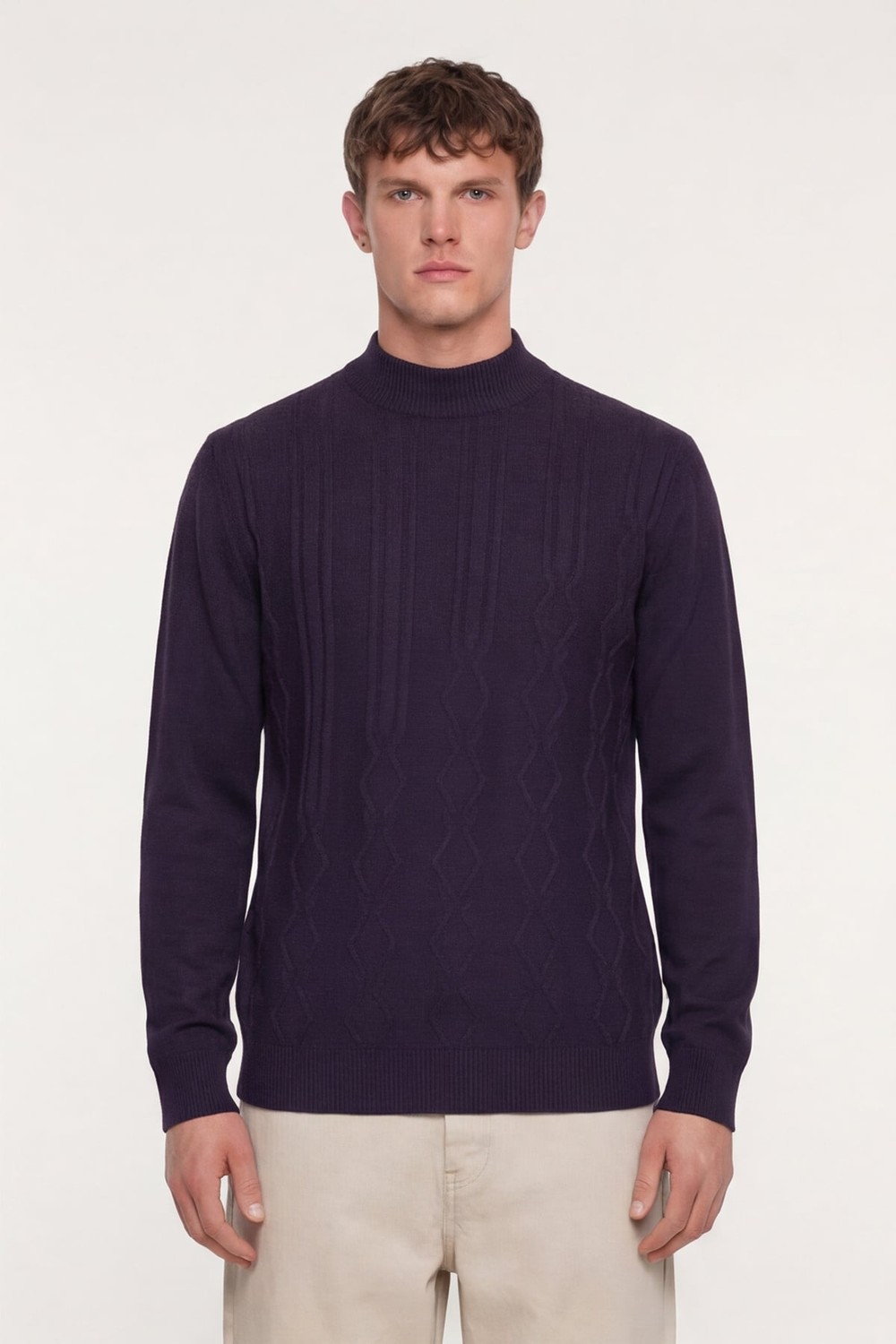 Mor Slim Fit Yarım Balıkçı Yaka Yünlü Triko Kazak
