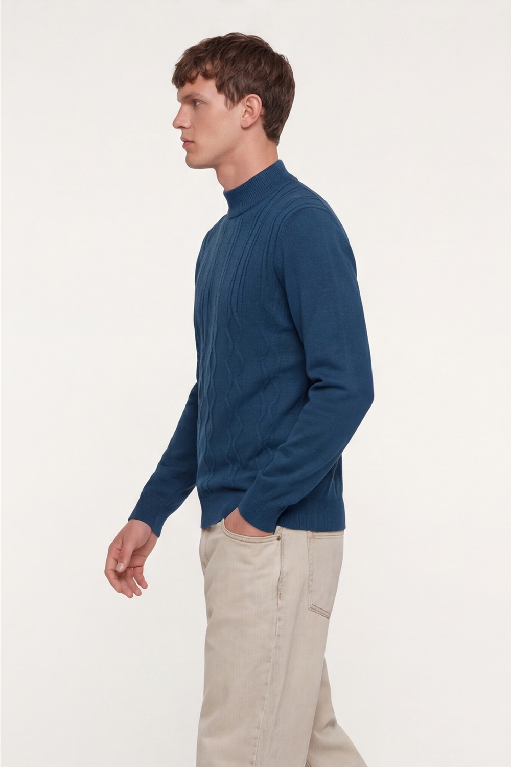Petrol Slim Fit Yarım Balıkçı Yaka Yünlü Triko Kazak