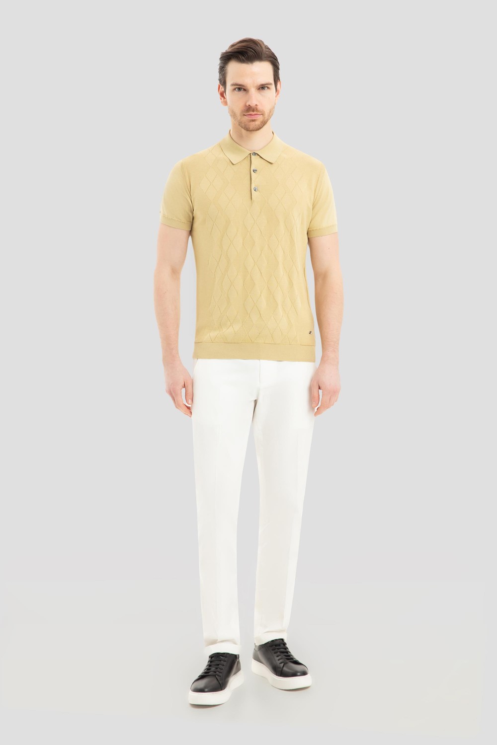 Su Yeşili %100 Pamuk Slim Fit Desenli Polo Yaka Triko T-shirt