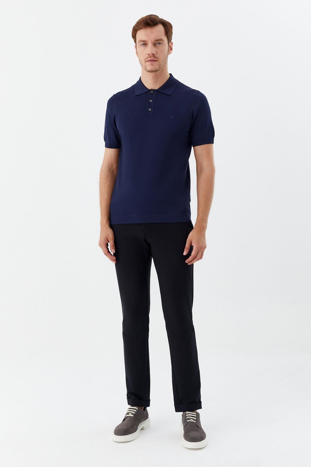 Lacivert Regular Fit Göğüs Nakış Detaylı Polo Yaka Triko T-shirt