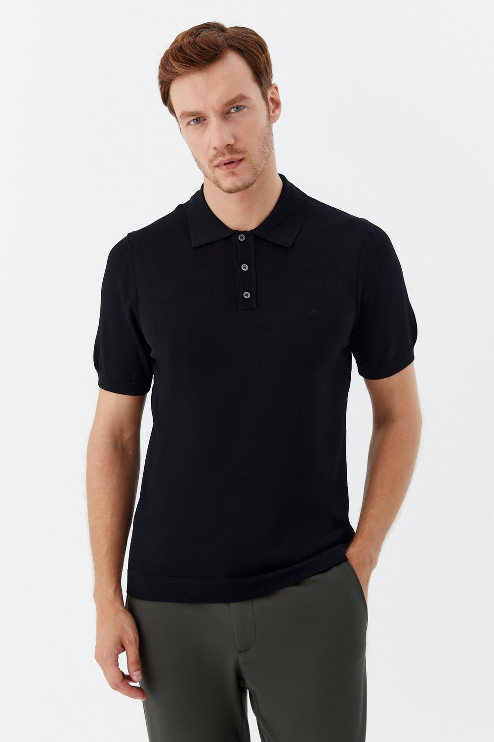 Siyah Regular Fit Göğüs Nakış Detaylı Polo Yaka Triko T-shirt